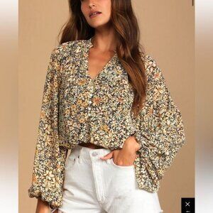 Lulus Multi Floral Balloon Sleeve boho V-Neck Women's Top Size Small